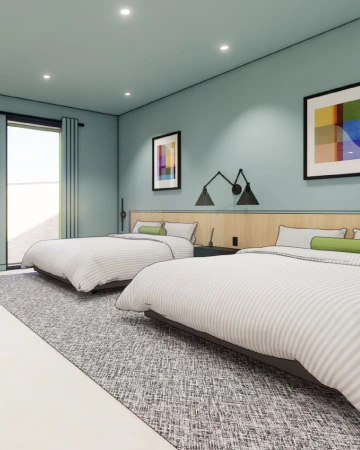 guest room rendering with two queen beds and built in fixtures